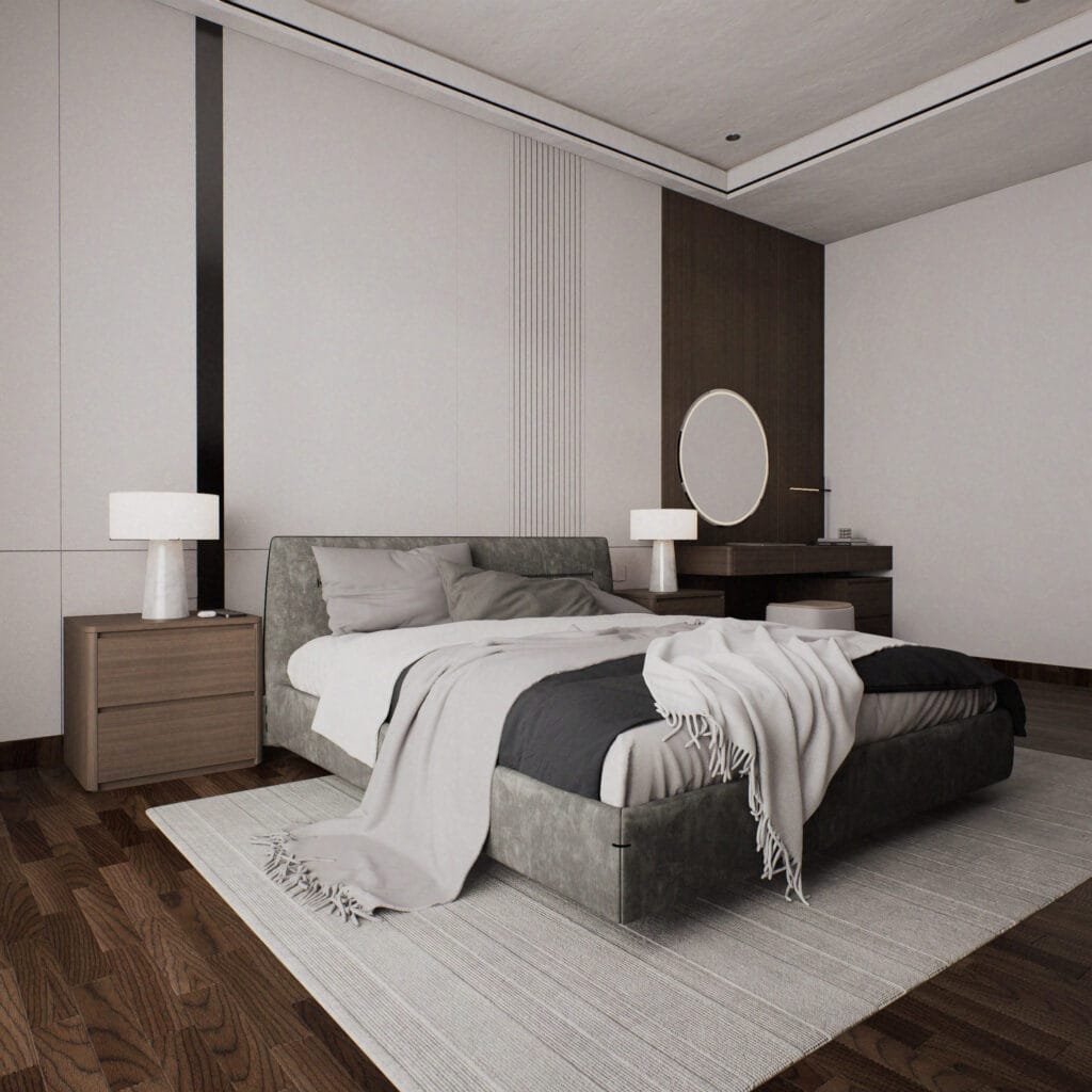 Imagem 3D de uma cama levemente bagunçada com lençóis e cobertas realistas.