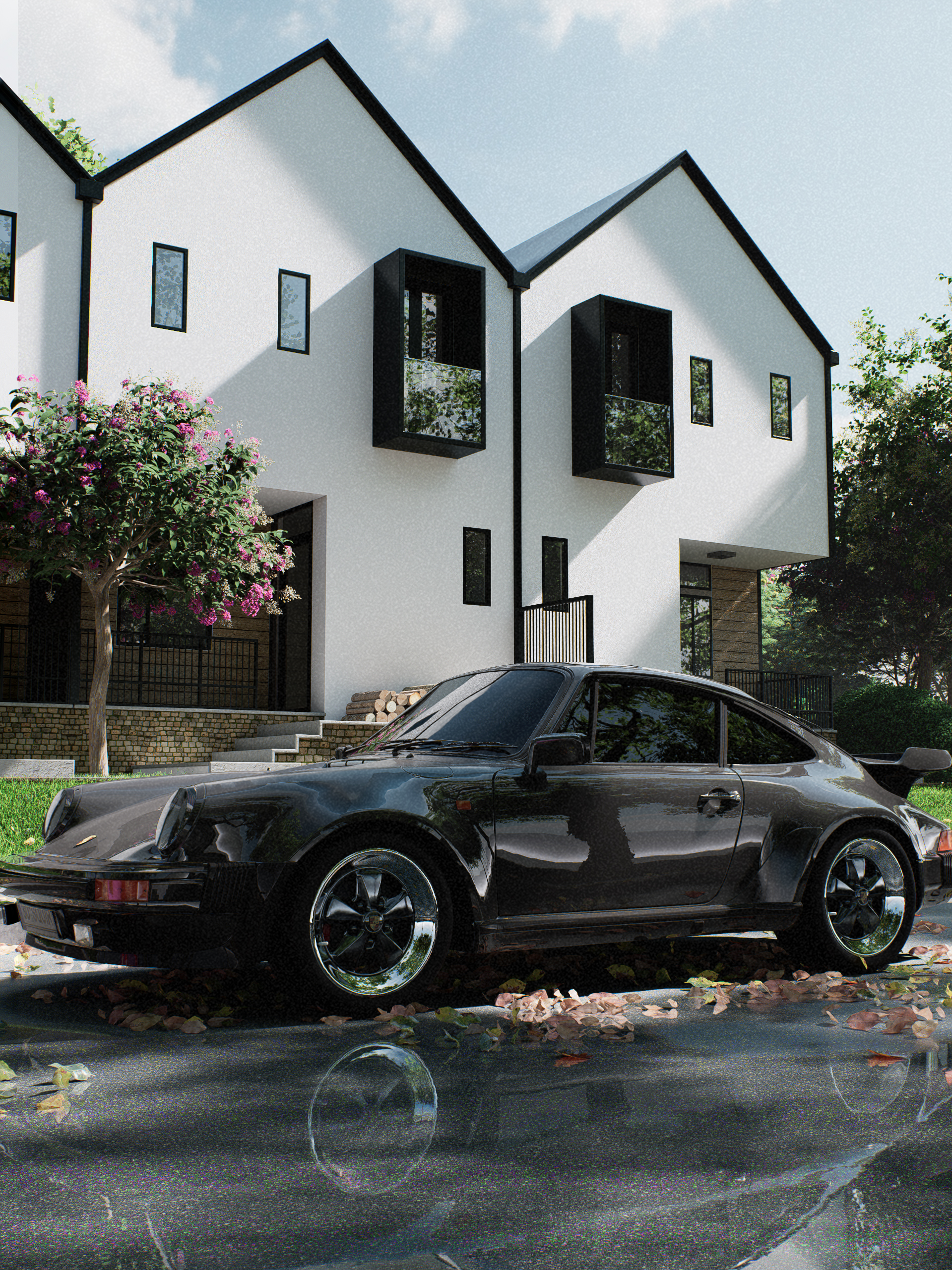 Render 3D hiper-realista de um carro estacionado em frente a um conjunto de casas modernas, criado pela Zion Archviz com iluminação precisa, texturas detalhadas e visualização arquitetônica profissional.