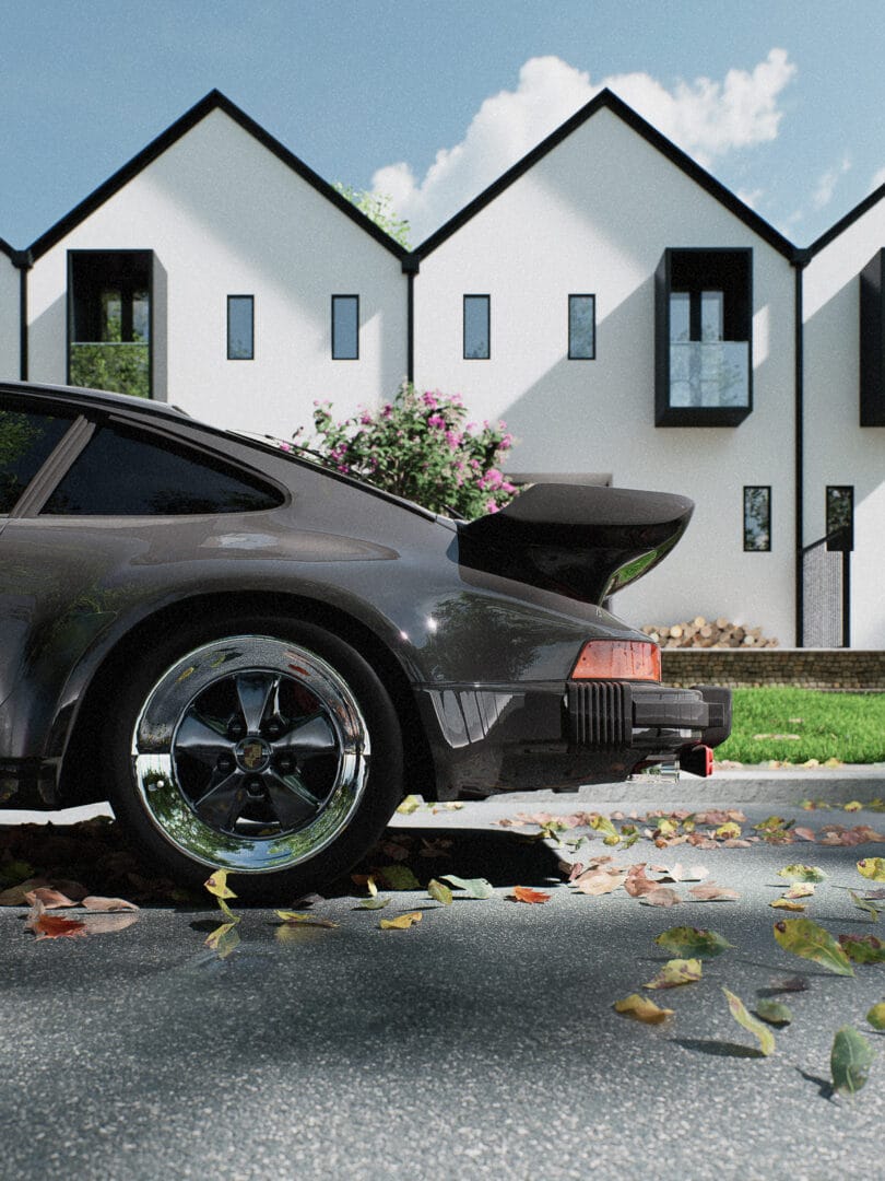 Close-up 3D realista da parte traseira de um carro com casas modernas ao fundo, ressaltando profundidade, materiais e fidelidade arquitetônica.