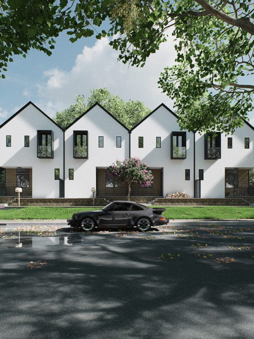 Carro passando em frente a conjunto de casas, capturado em render 3D com sensação de movimento.