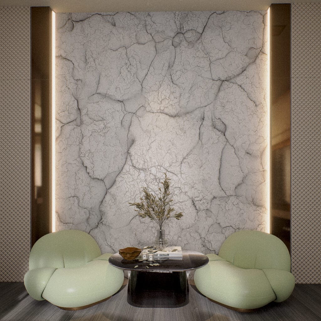 Render 3D realista de uma mesa de centro com puffs estofados, apresentando texturas detalhadas, design moderno e composição arquitetônica refinada em ambiente interior.