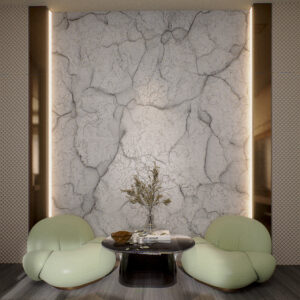 Render 3D realista de uma mesa de centro com puffs estofados, apresentando texturas detalhadas, design moderno e composição arquitetônica refinada em ambiente interior.