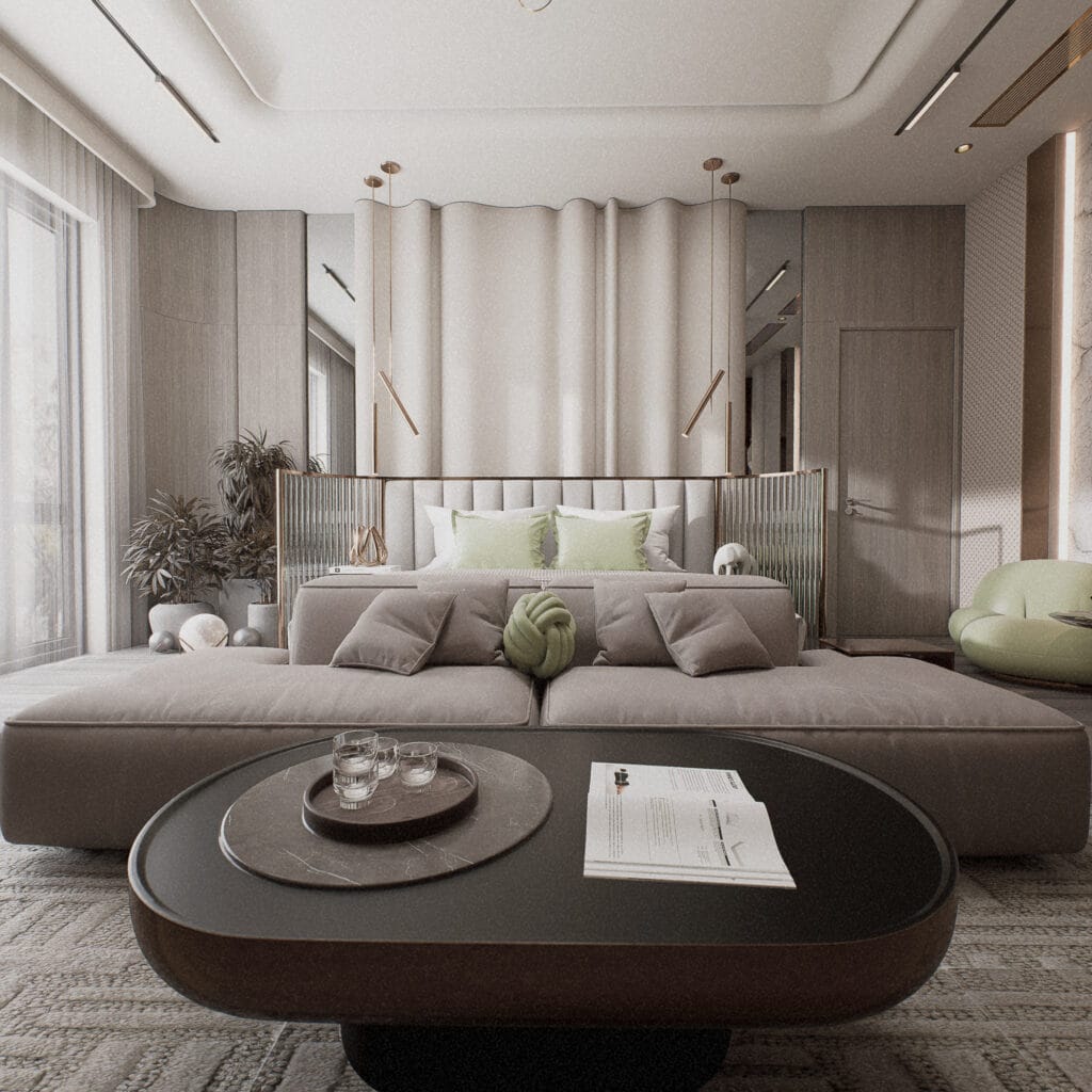 Render 3D realista de uma cama com design moderno, texturas detalhadas e ambientação de quarto produzida pela Zion Archviz.