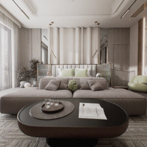 Render 3D realista de uma cama com design moderno, texturas detalhadas e ambientação de quarto produzida pela Zion Archviz.