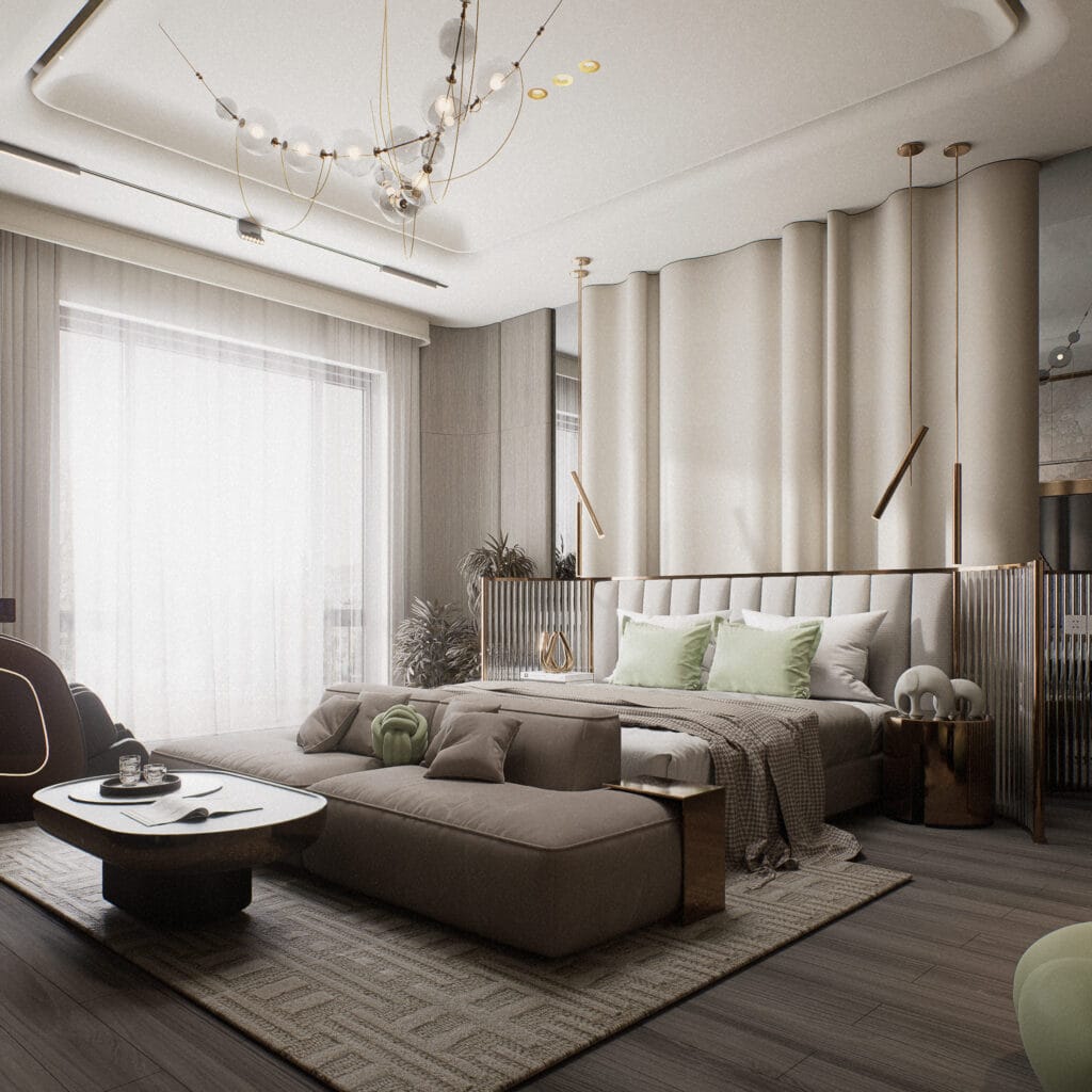 Render 3D realista de uma cama com design moderno, texturas detalhadas e ambientação de quarto produzida pela Zion Archviz.