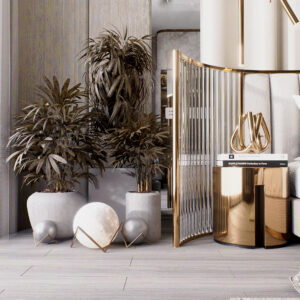 Render 3D realista mostrando uma mesa moderna acompanhada de puffs estofados, com iluminação suave e composição sofisticada.