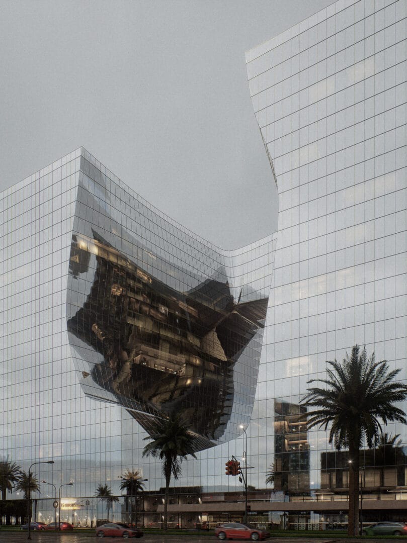 Imagem 3D realista de um prédio comercial com fachada de vidro e design conceitual, capturado frontalmente sob um céu cinza, destacando arquitetura contemporânea e volumetria moderna.