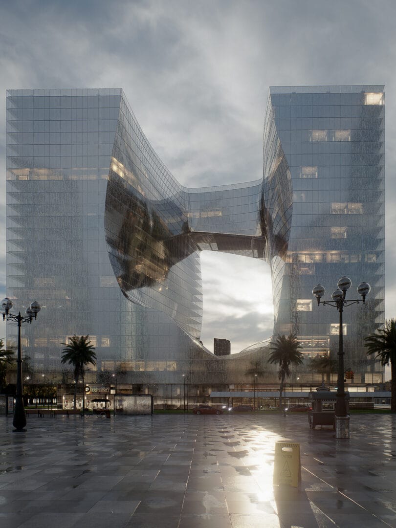 Imagem realista de um prédio comercial conceitual com fachada envidraçada, fotografado de frente sob clima nublado, destacando design moderno, volumes arquitetônicos marcantes e atmosfera contemporânea.