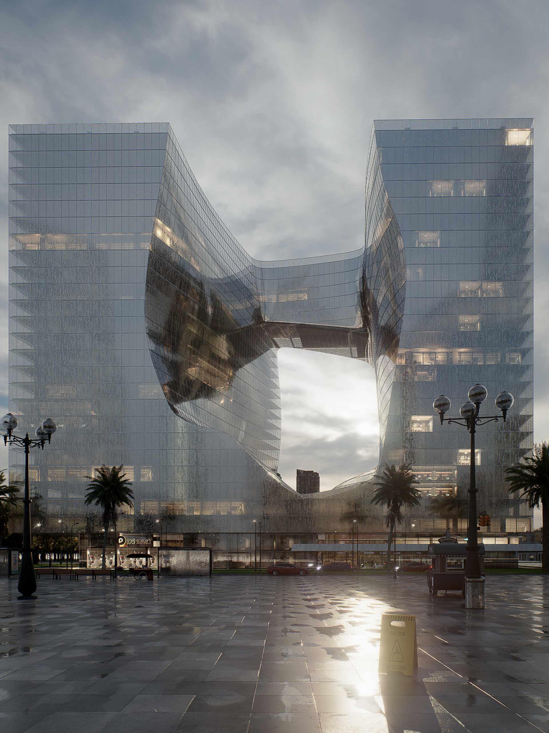 Imagem realista de um prédio comercial conceitual com fachada envidraçada, fotografado de frente sob clima nublado, destacando design moderno, volumes arquitetônicos marcantes e atmosfera contemporânea.