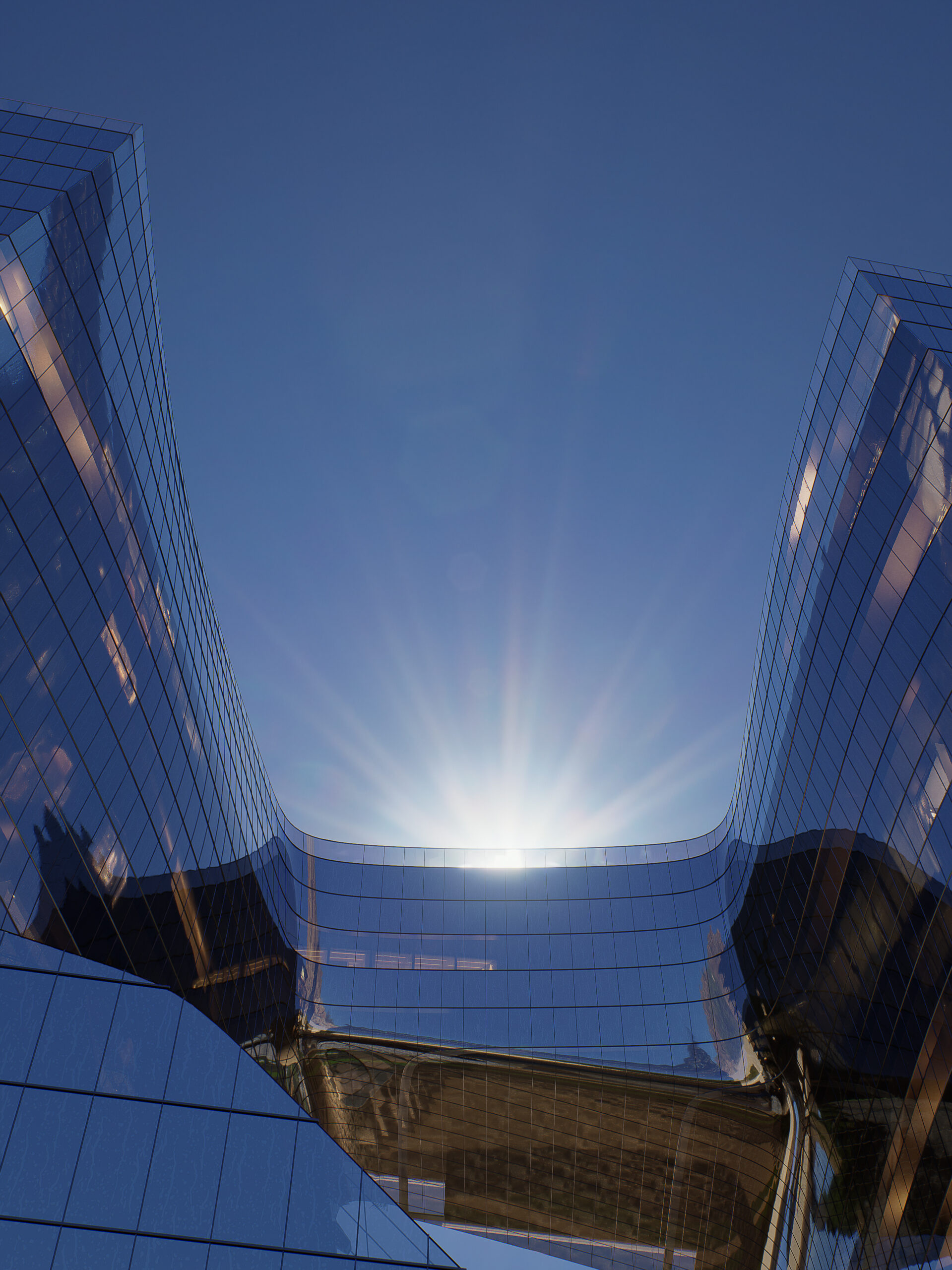 Render 3D aproximado de um prédio comercial em vidro com o sol iluminando a parte superior, criando reflexos intensos e composição artística.