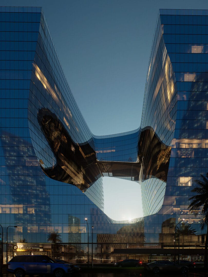 Render 3D ultra-realista de um prédio comercial conceitual todo em vidro, capturado ao entardecer, com iluminação dramática e arquitetura contemporânea.