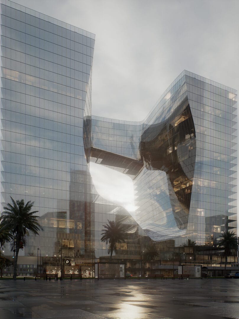 Vista lateral de um prédio comercial conceitual com fachada de vidro no entardecer, destacando reflexos naturais, arquitetura moderna e design corporativo sofisticado.