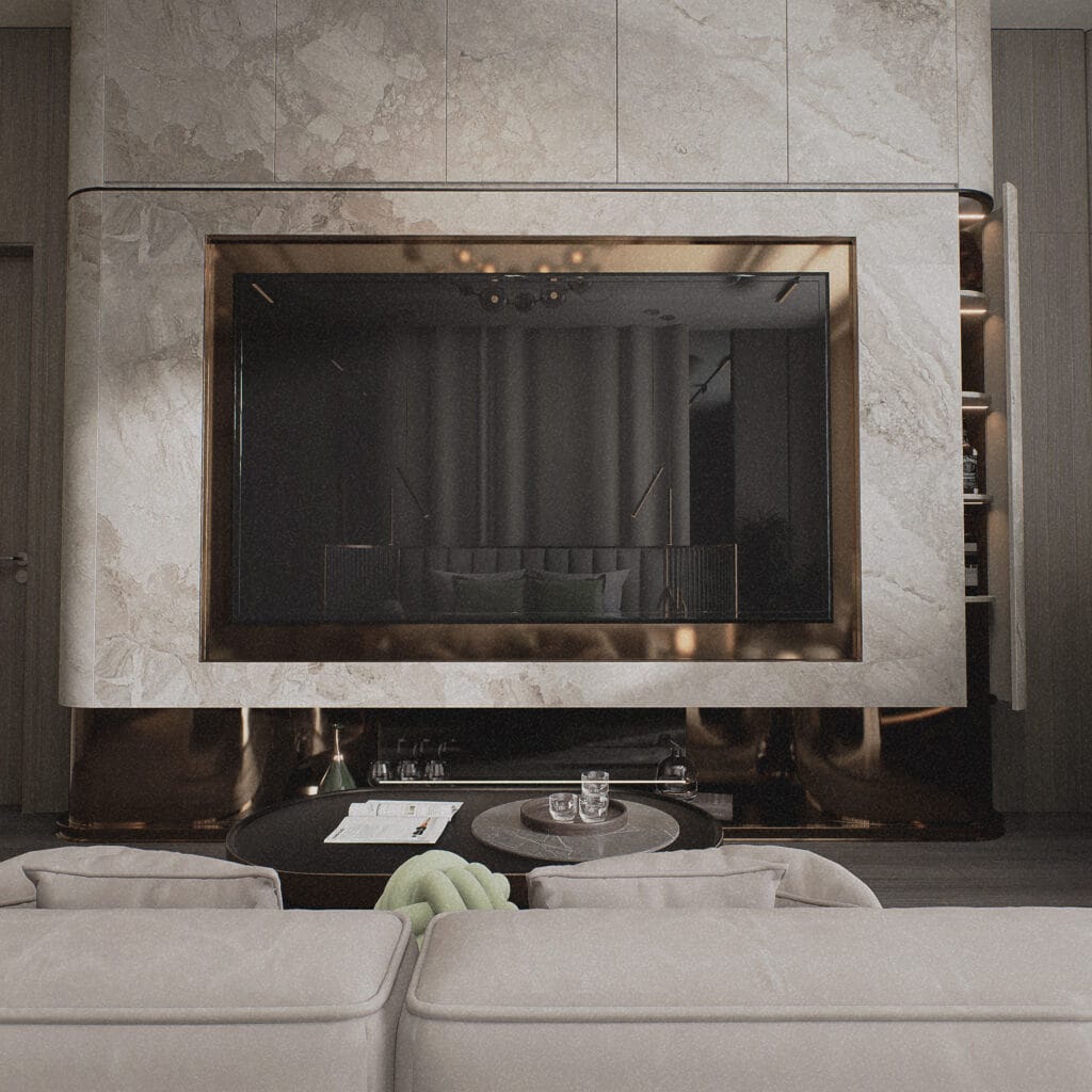 TV em Painel de Pedras – Design Moderno e Renders 3D Realistas