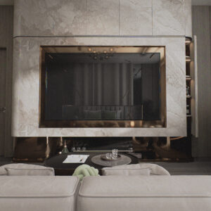 TV em Painel de Pedras – Design Moderno e Renders 3D Realistas