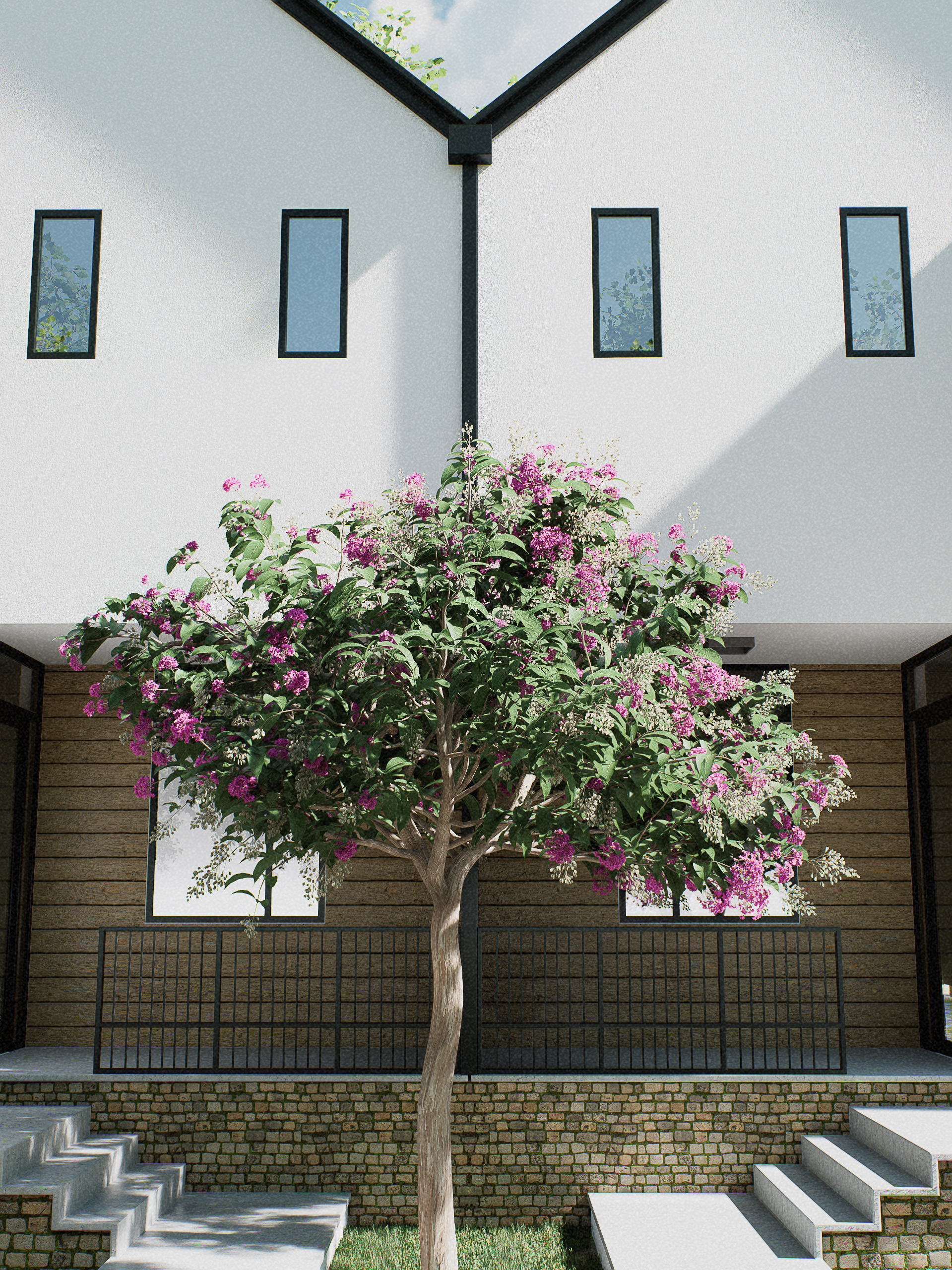 Imagem 3D realista de uma árvore posicionada no exterior de um conjunto de casas, com iluminação natural, vegetação detalhada e paisagismo arquitetônico profissional.