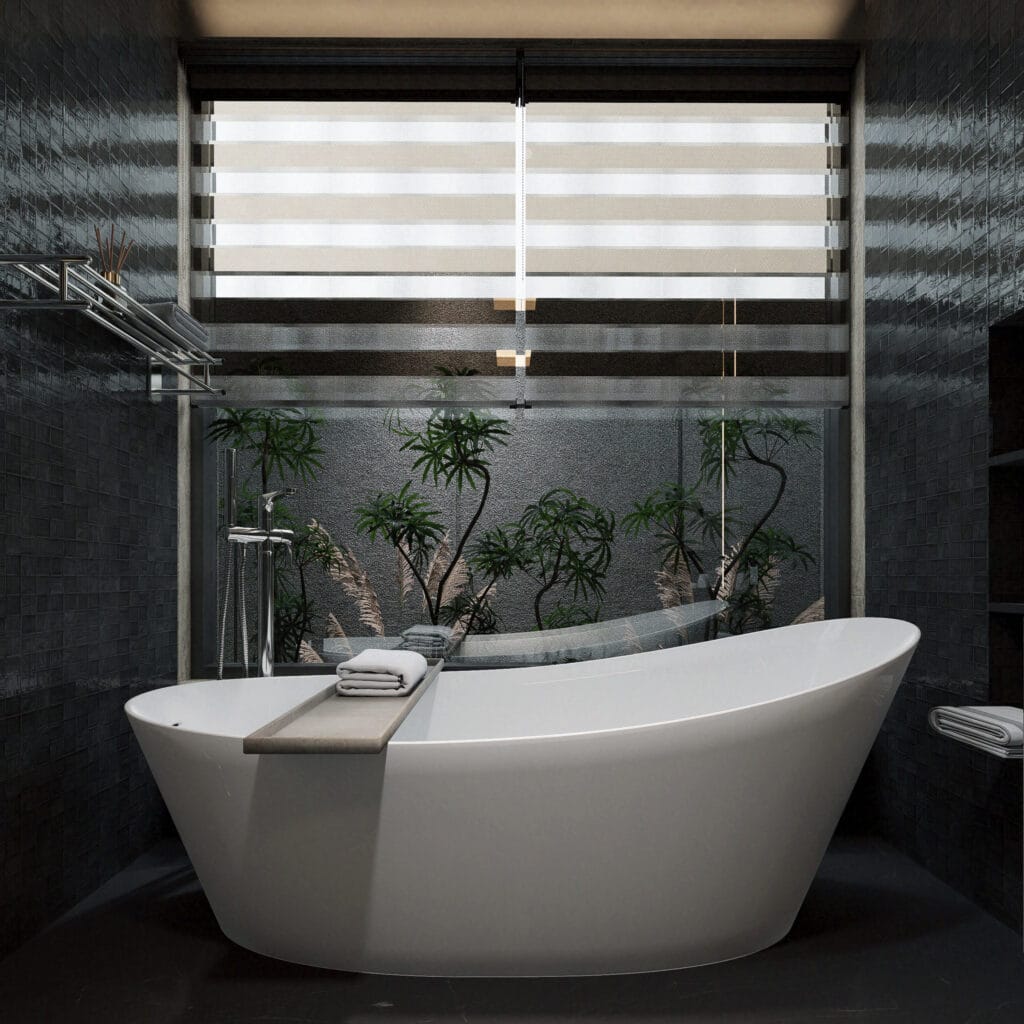 Render 3D hiper-realista de uma banheira moderna em banheiro de alto padrão, com iluminação suave, materiais detalhados e ambientação arquitetônica premium criada pela Zion Archviz.