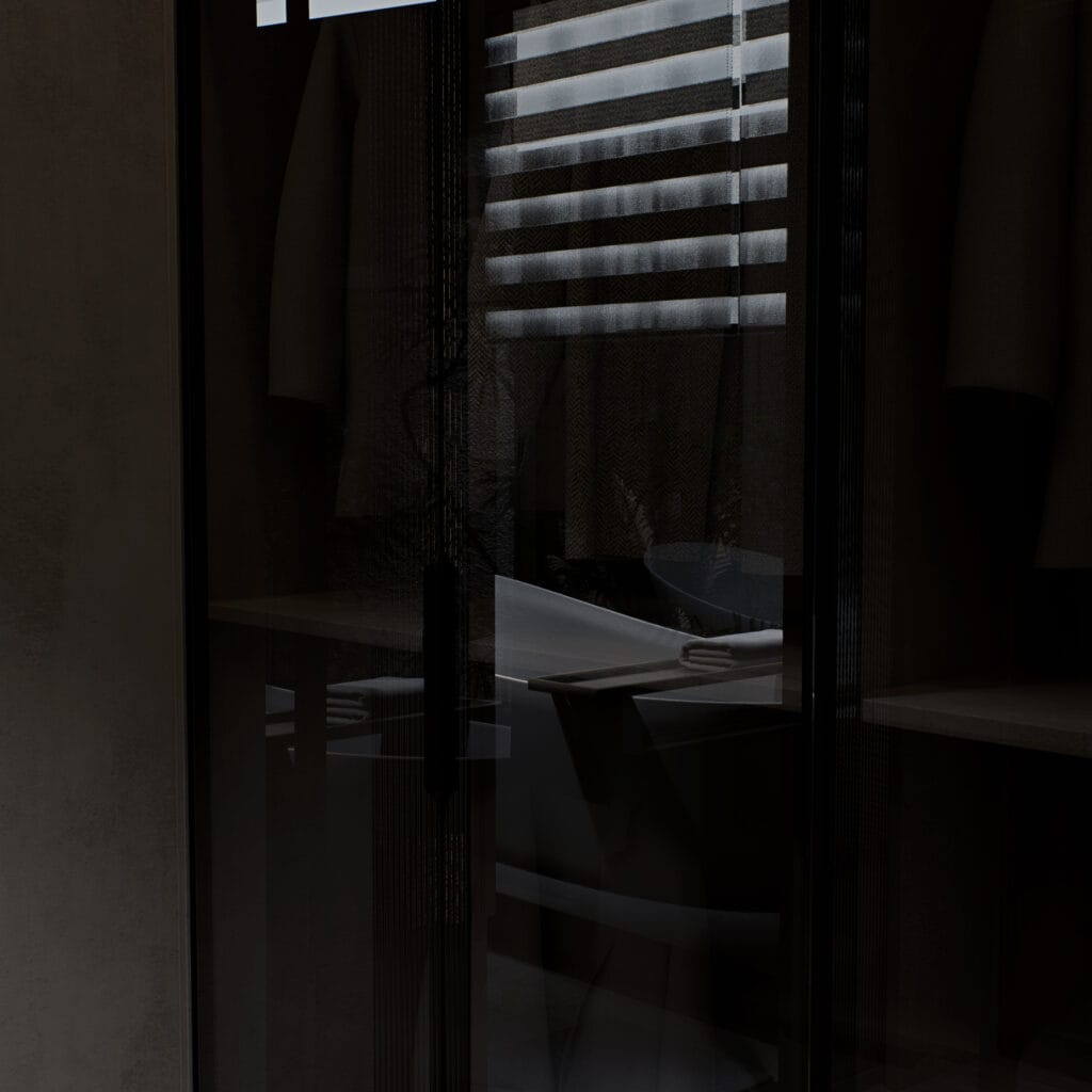 Render 3D hiper-realista de uma banheira moderna em banheiro de alto padrão, com iluminação suave, materiais detalhados e ambientação arquitetônica premium criada pela Zion Archviz.