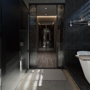 Render 3D realista de um corredor saindo do banheiro, com iluminação suave, materiais detalhados e composição arquitetônica produzida pela Zion Archviz.