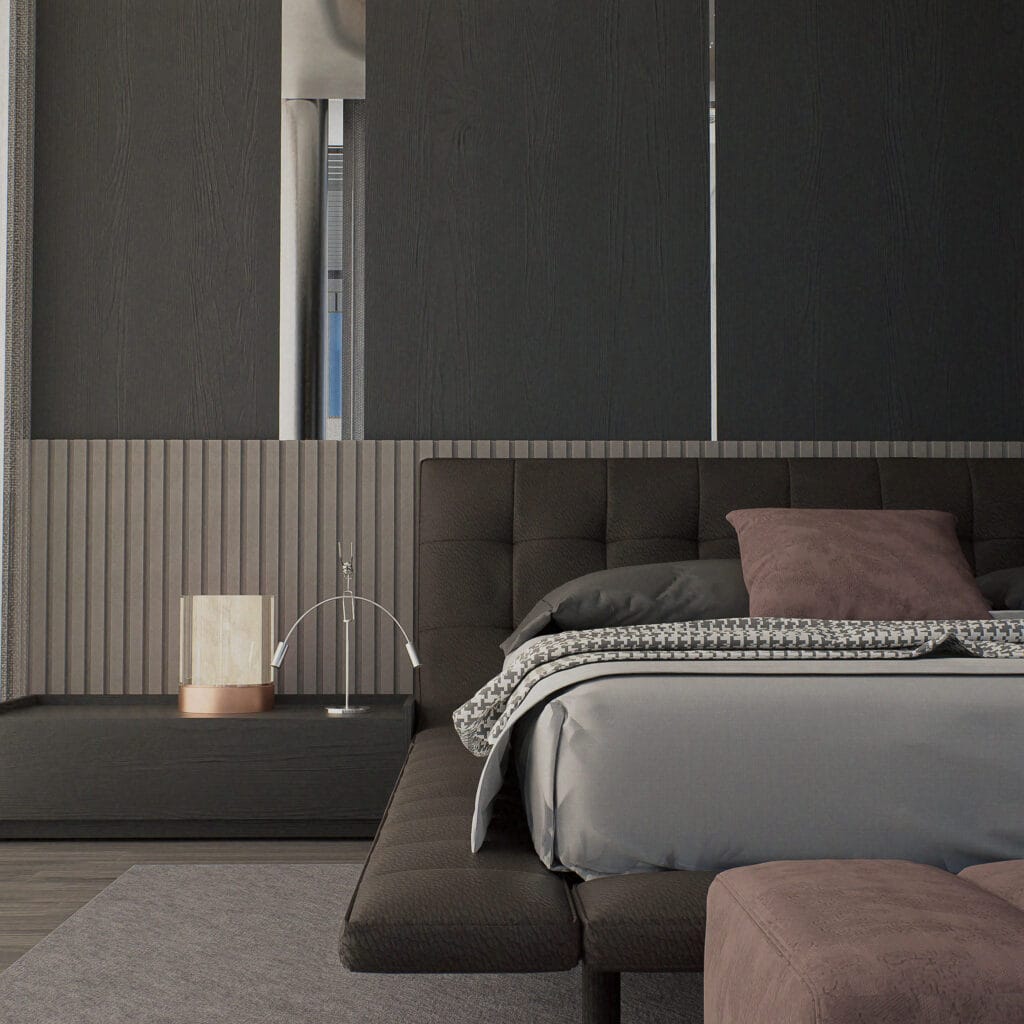 Render 3D hiper-realista de uma cama em um quarto moderno, com tecidos detalhados, iluminação suave e design arquitetônico refinado, produzido pela Zion Archviz.