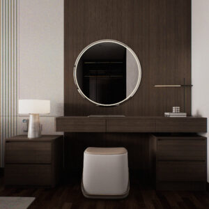 Imagem em 3D de uma penteadeira moderna e realista, com iluminação suave, materiais detalhados e composição arquitetônica produzida pela Zion Archviz.