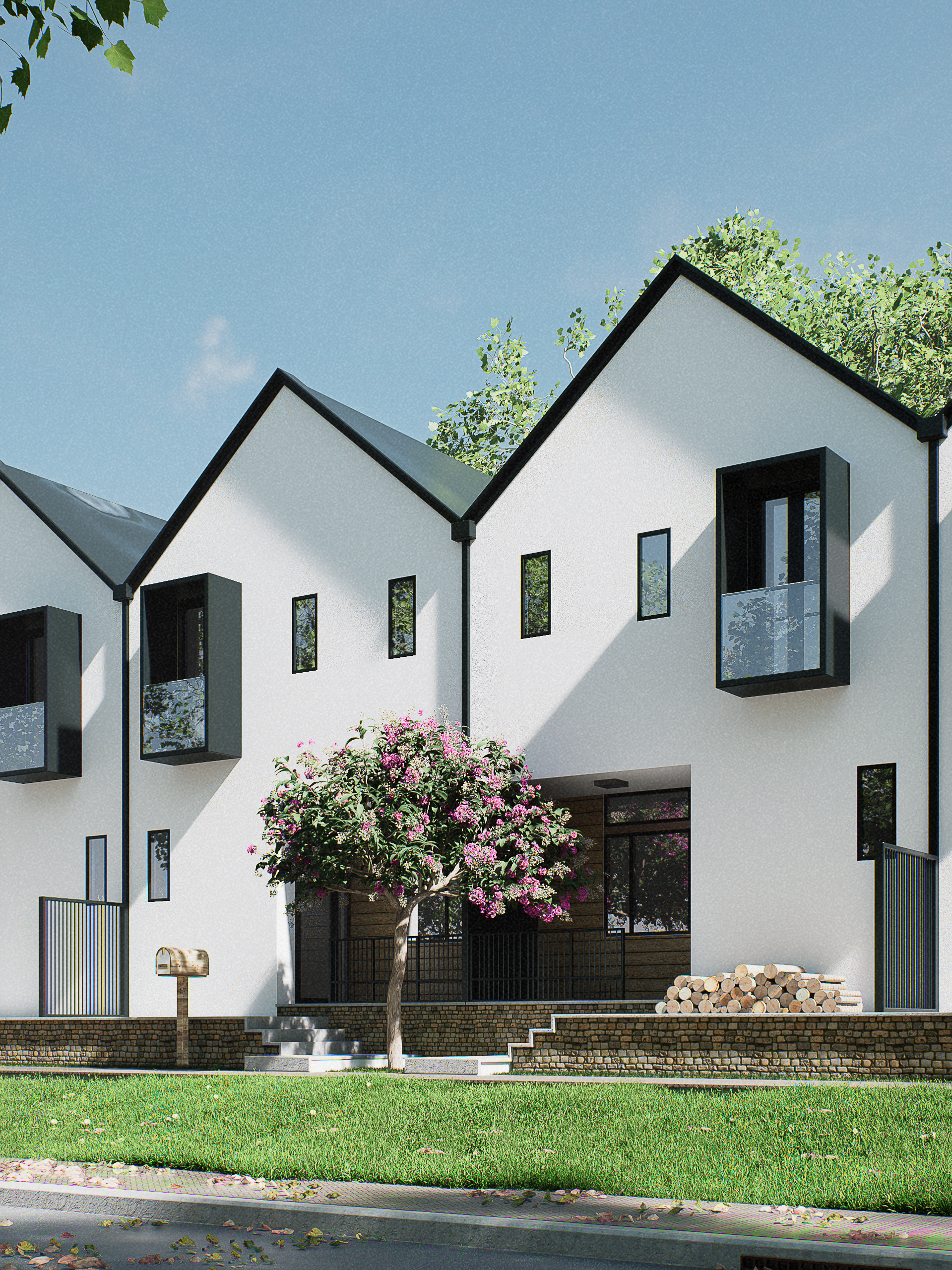 Imagem de residências modernas renderizadas em 3D pela Zion Archviz, com arquitetura contemporânea, volumetria limpa e iluminação realista.