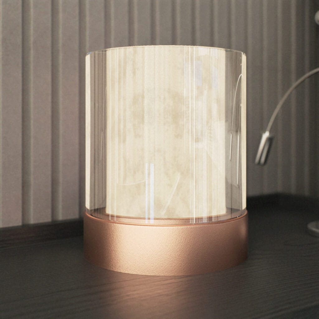 Render 3D de luminária de cabeceira com iluminação suave, design moderno e texturas detalhadas.