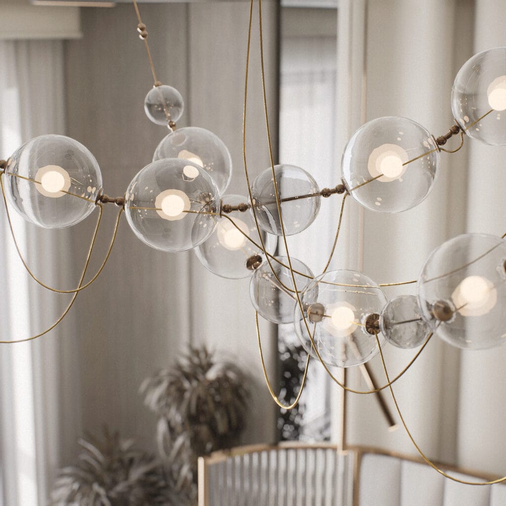 Imagem em 3D de um lustre moderno e elegante, renderizado com iluminação realista e detalhamento preciso para projetos arquitetônicos.