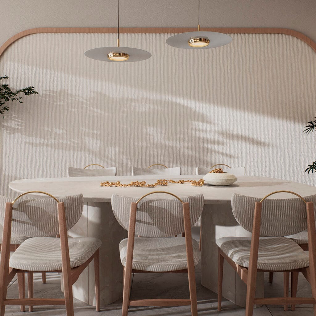 Render 3D artístico mostrando uma mesa decorada com elementos em tons dourados e pendentes iluminados, criado pela Zion Archviz com foco em realismo, materiais premium e composição arquitetônica refinada.