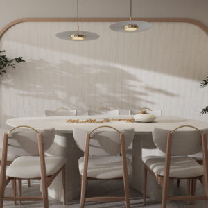 Render 3D artístico mostrando uma mesa decorada com elementos em tons dourados e pendentes iluminados, criado pela Zion Archviz com foco em realismo, materiais premium e composição arquitetônica refinada.