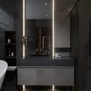 Imagem 3D realista de uma pia com espelho, materiais sofisticados e iluminação precisa produzida pela Zion Archviz.