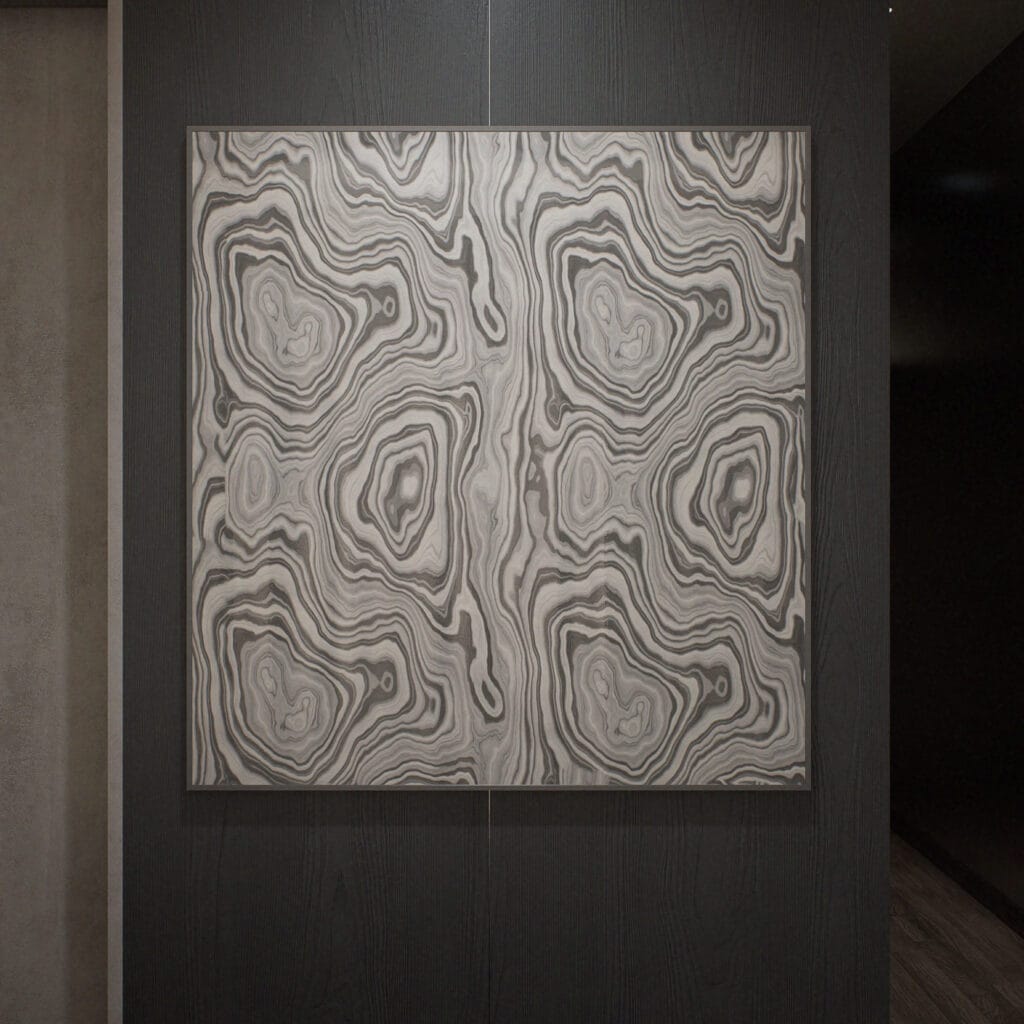 Quadro decorativo em render 3D com moldura realista, textura nítida e iluminação arquitetônica.