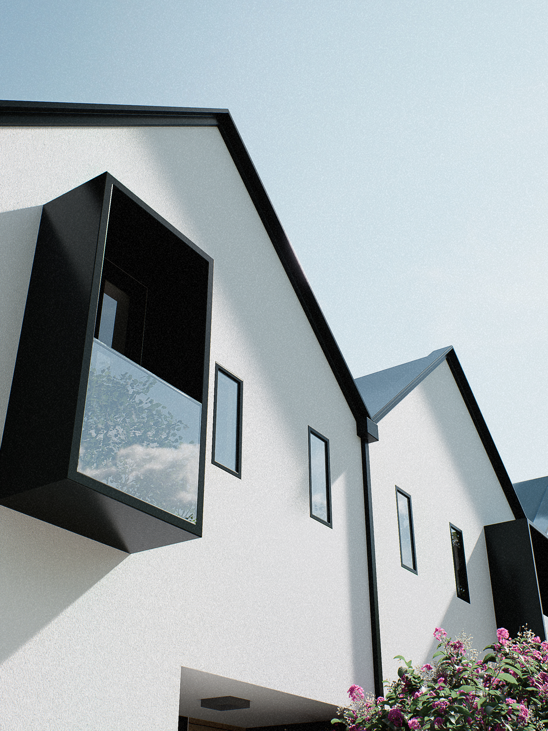 Render 3D artístico mostrando detalhes da fachada de casas modernas com destaque para o céu iluminado, composição arquitetônica realista criada pela Zion Archviz.