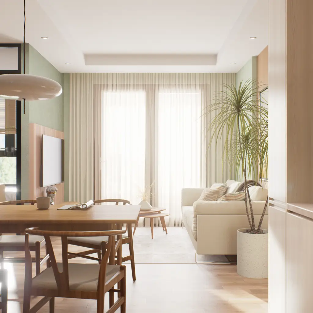 Texto Alternativo (Alt Text – Acessibilidade + SEO) Render 3D de sala de estar mostrando a visão da mesa, com ambiente integrado, iluminação natural, materiais realistas e composição harmoniosa do espaço.