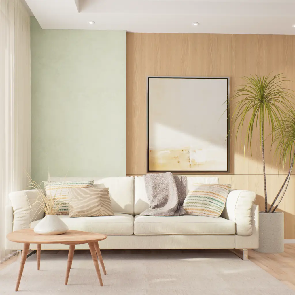 Render 3D de interior com sofá realista, tapete decorativo no piso e iluminação natural entrando pela janela, destacando texturas, materiais e atmosfera do ambiente.