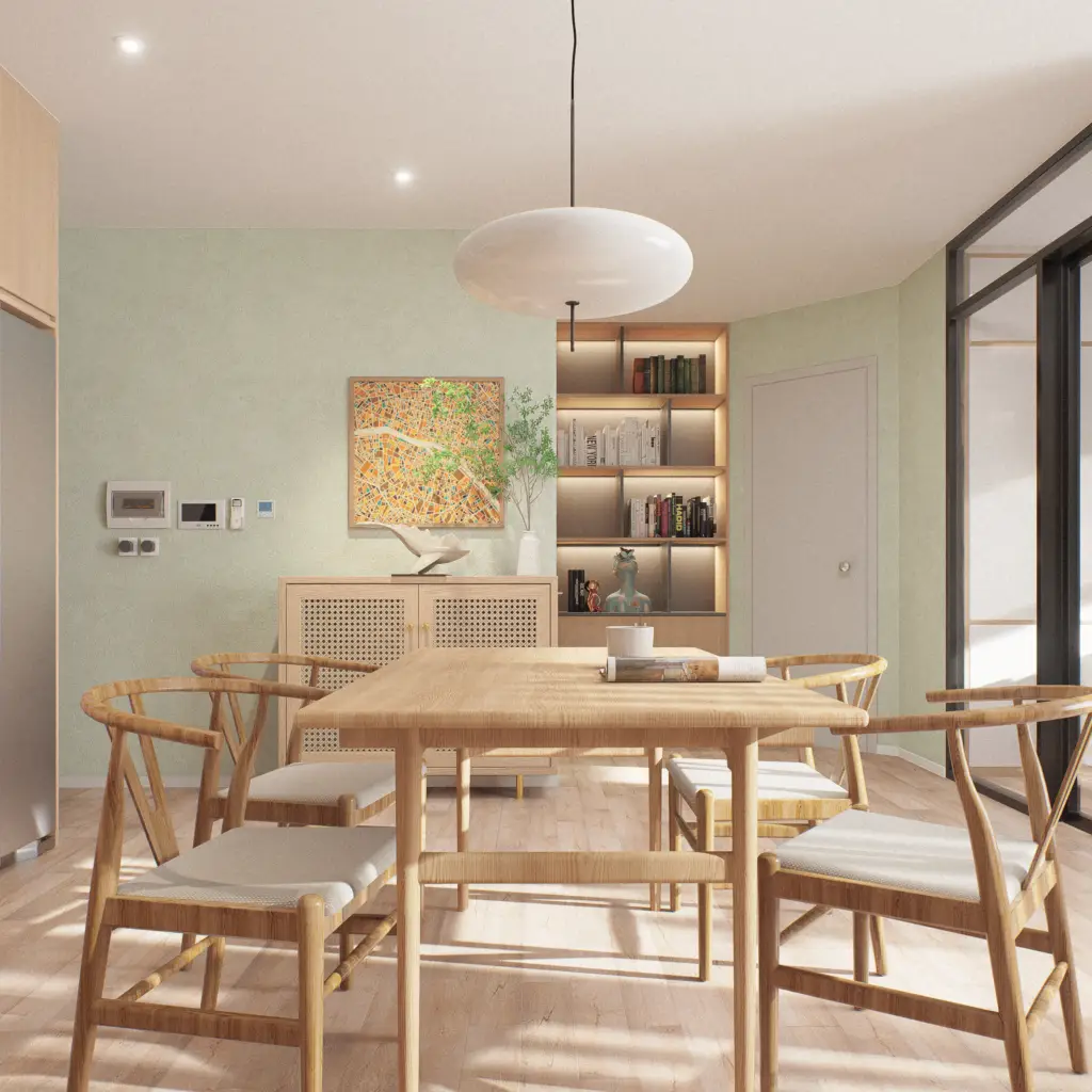 Render 3D de mesa de jantar realista, com destaque para materiais, texturas e iluminação natural em visualização arquitetônica de interiores.