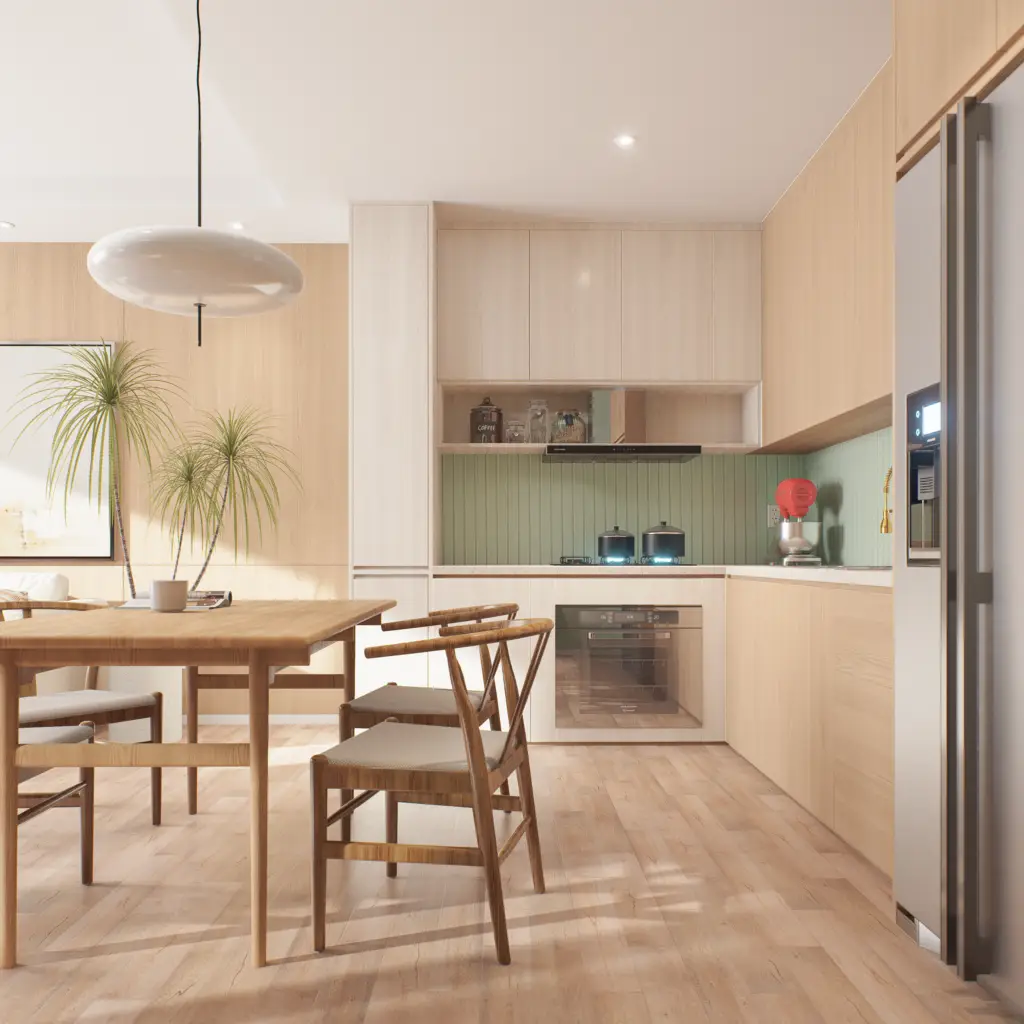 Render 3D de mesa de jantar realista, com destaque para materiais, texturas e iluminação natural em visualização arquitetônica de interiores.