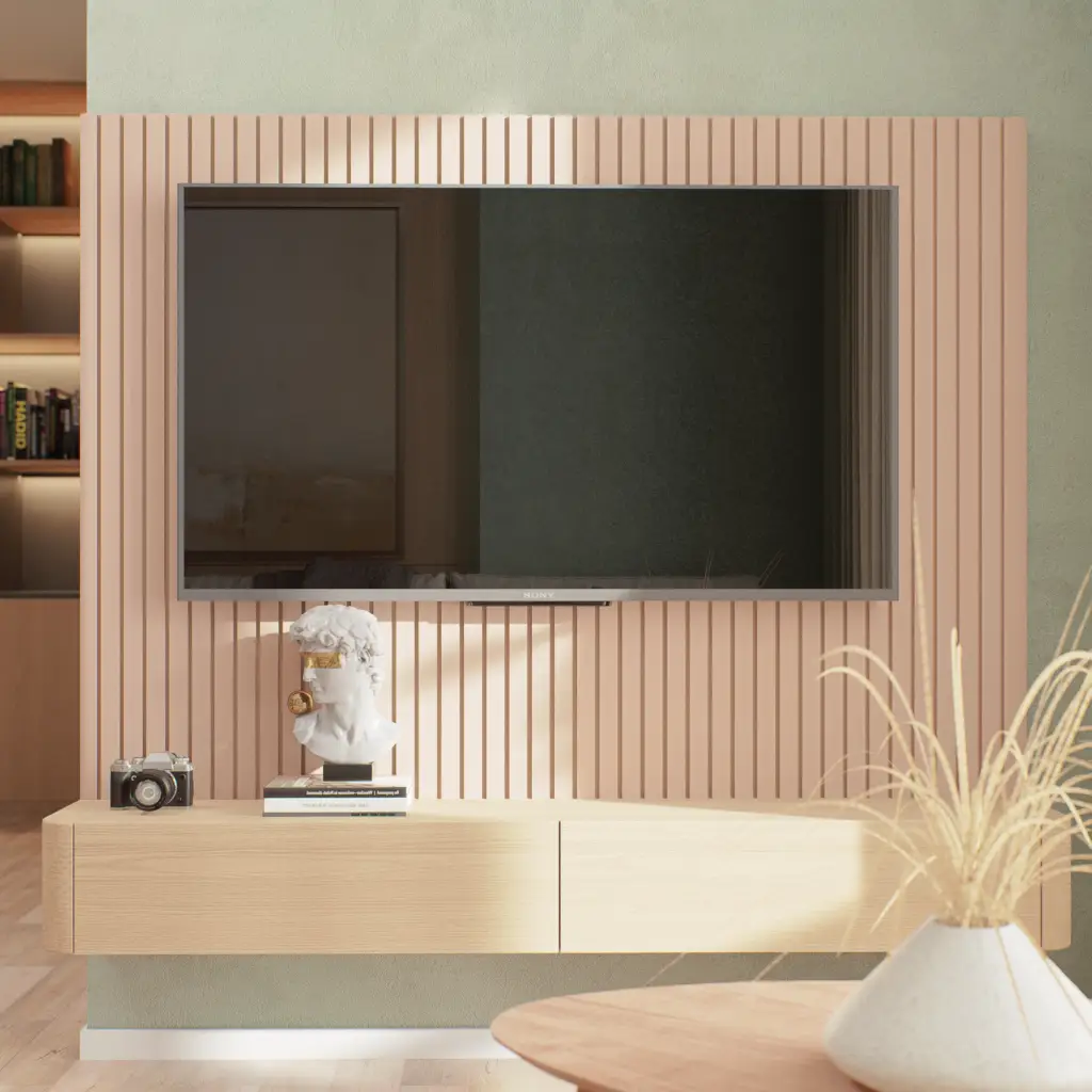 Render 3D de painel de TV moderno em ambiente de sala de estar, com materiais realistas, iluminação natural e visualização arquitetônica de interiores.