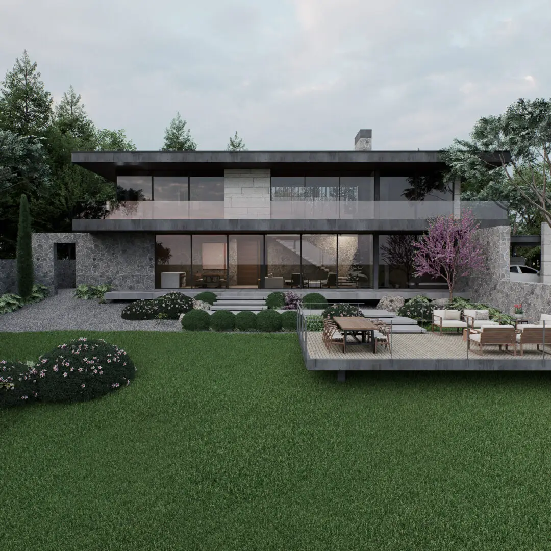Render 3D de fachada de casa em clima nublado, com volumes arquitetônicos, materiais realistas e visualização arquitetônica profissional.