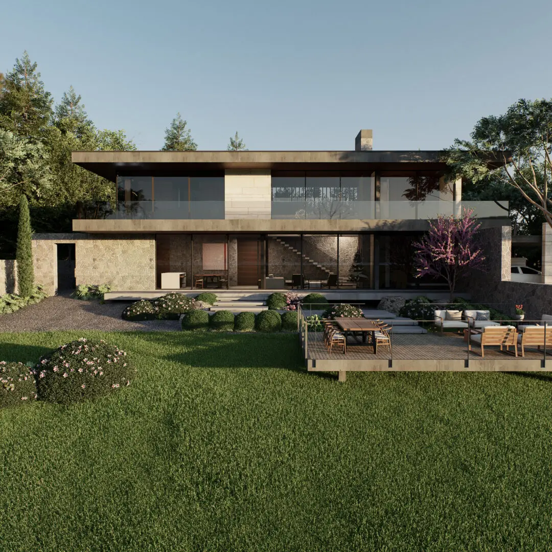 Render 3D de fachada de casa ao amanhecer, com iluminação natural suave, volumes arquitetônicos e visualização arquitetônica profissional.