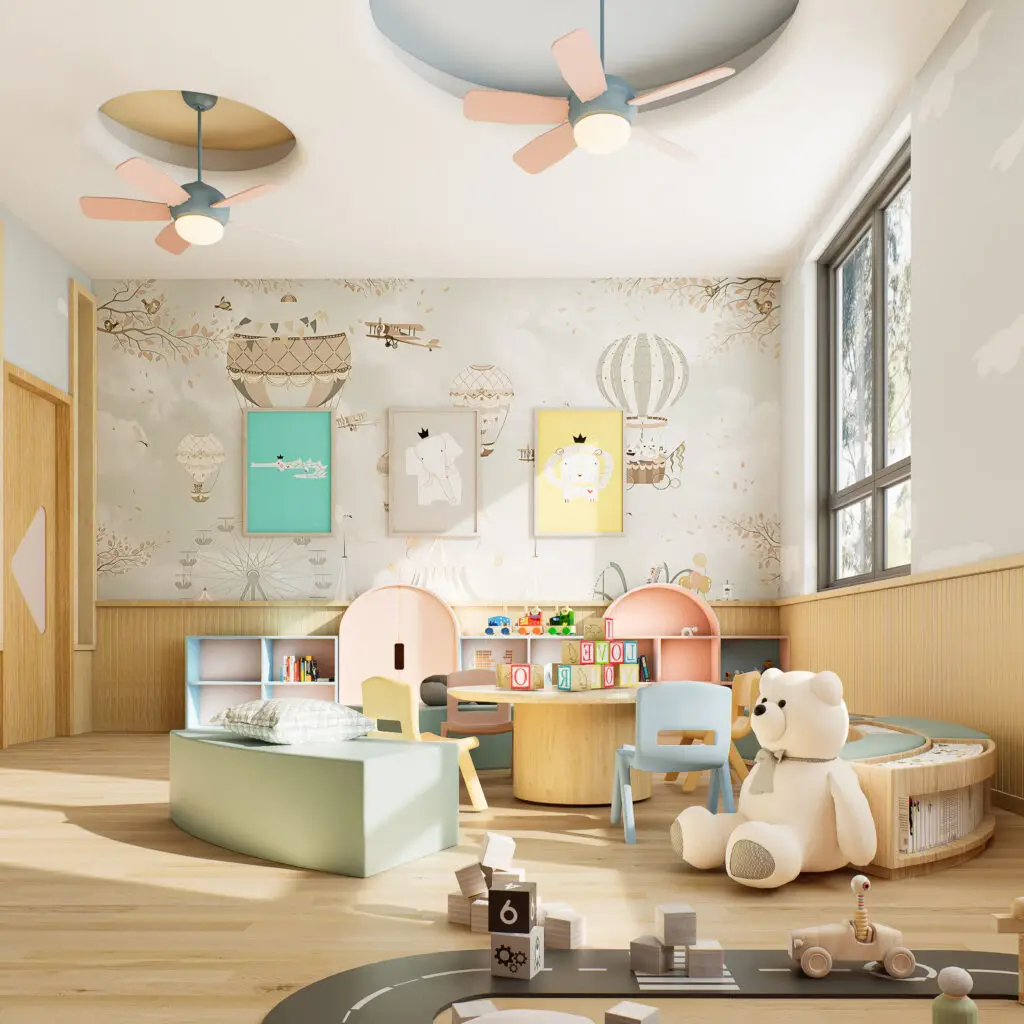 Render 3D de brinquedoteca moderna com design lúdico, cores suaves e iluminação natural. Visualização arquitetônica realista para espaços infantis.