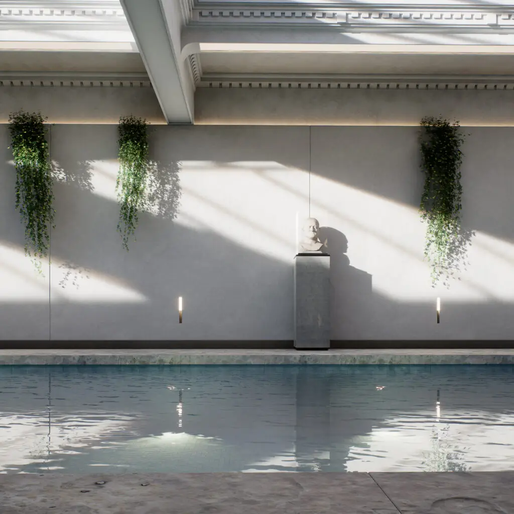 Render 3D de piscina coberta em ambiente relaxante com iluminação suave e atmosfera sofisticada. Visualização arquitetônica realista para áreas de lazer.