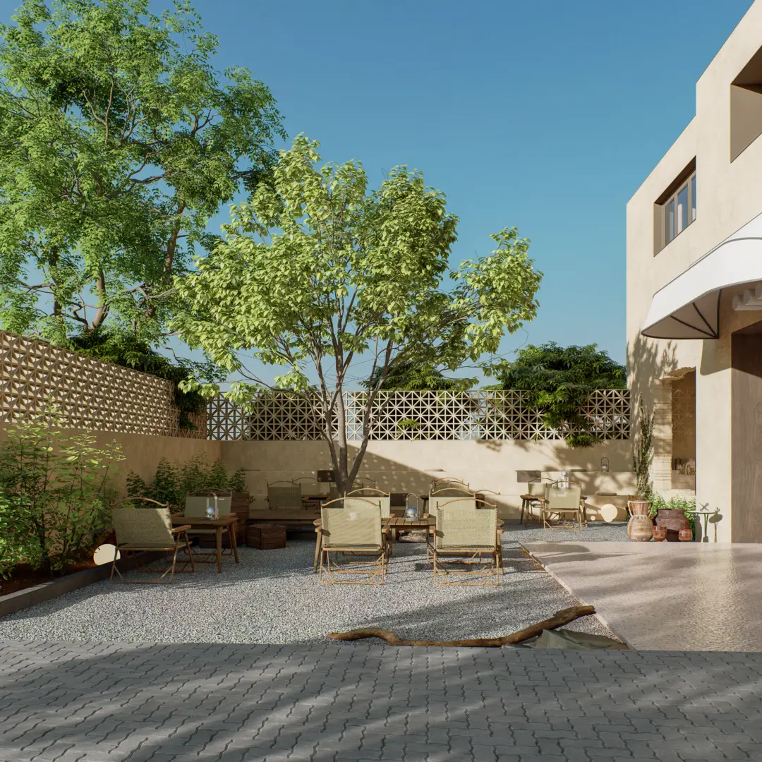 Render 3D de restaurante rústico sofisticado com iluminação estratégica e fachada impactante. Visualização arquitetônica realista para projetos comerciais.