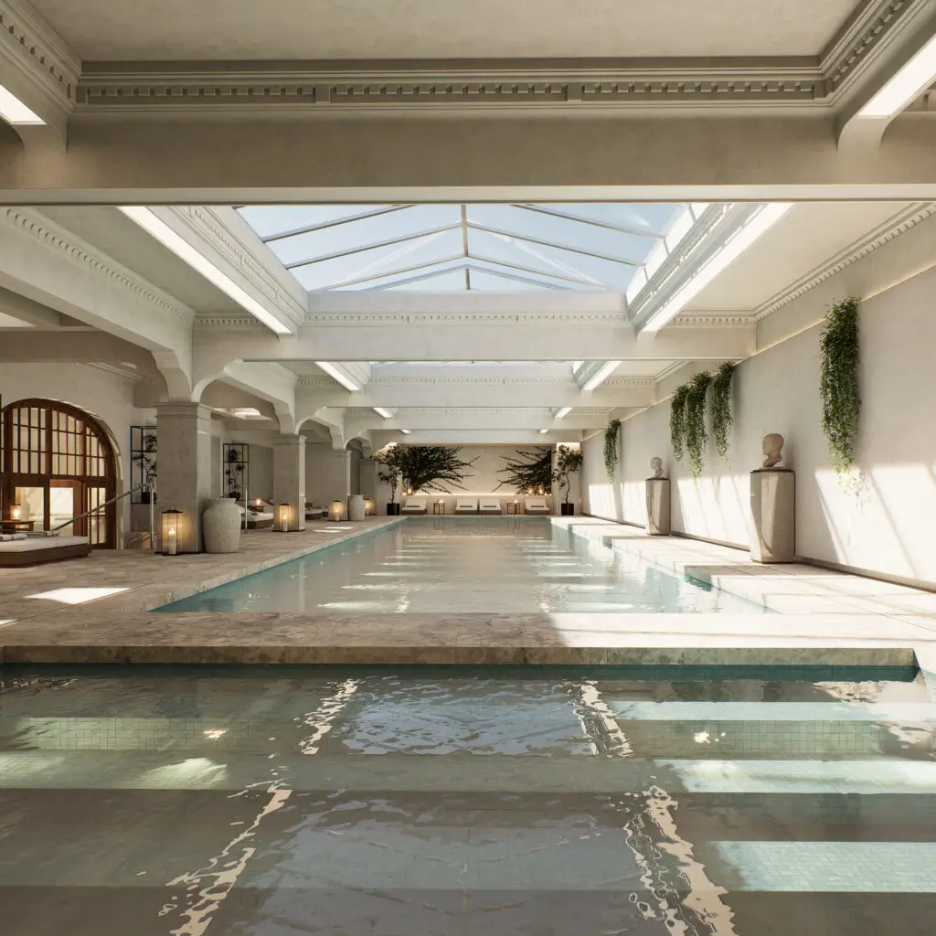 Render 3D em close-up de piscina coberta com reflexos realistas e iluminação suave. Visualização arquitetônica de alto padrão para áreas de lazer.