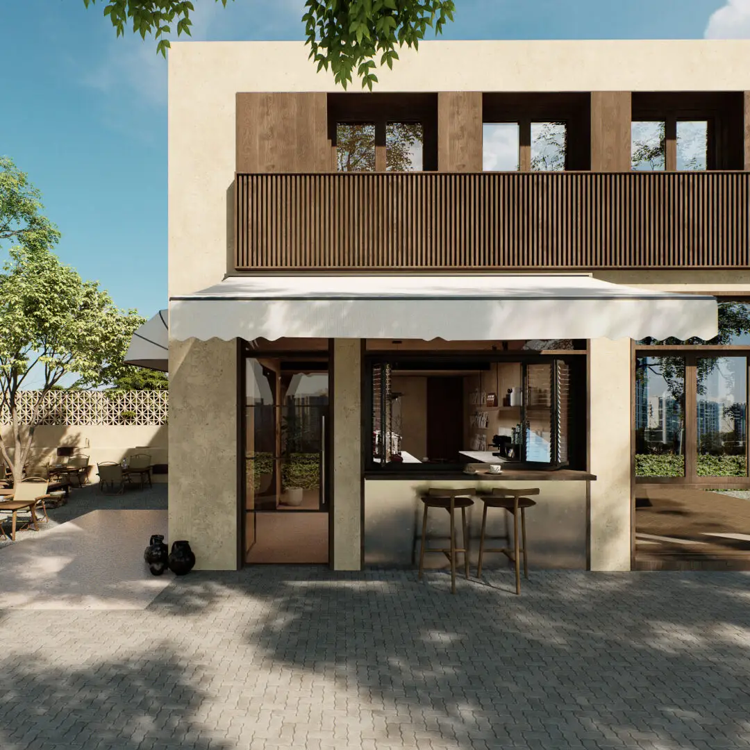 Render 3D de fachada de restaurante rústico sofisticado com iluminação estratégica e materiais naturais. Visualização arquitetônica realista para projetos comerciais.