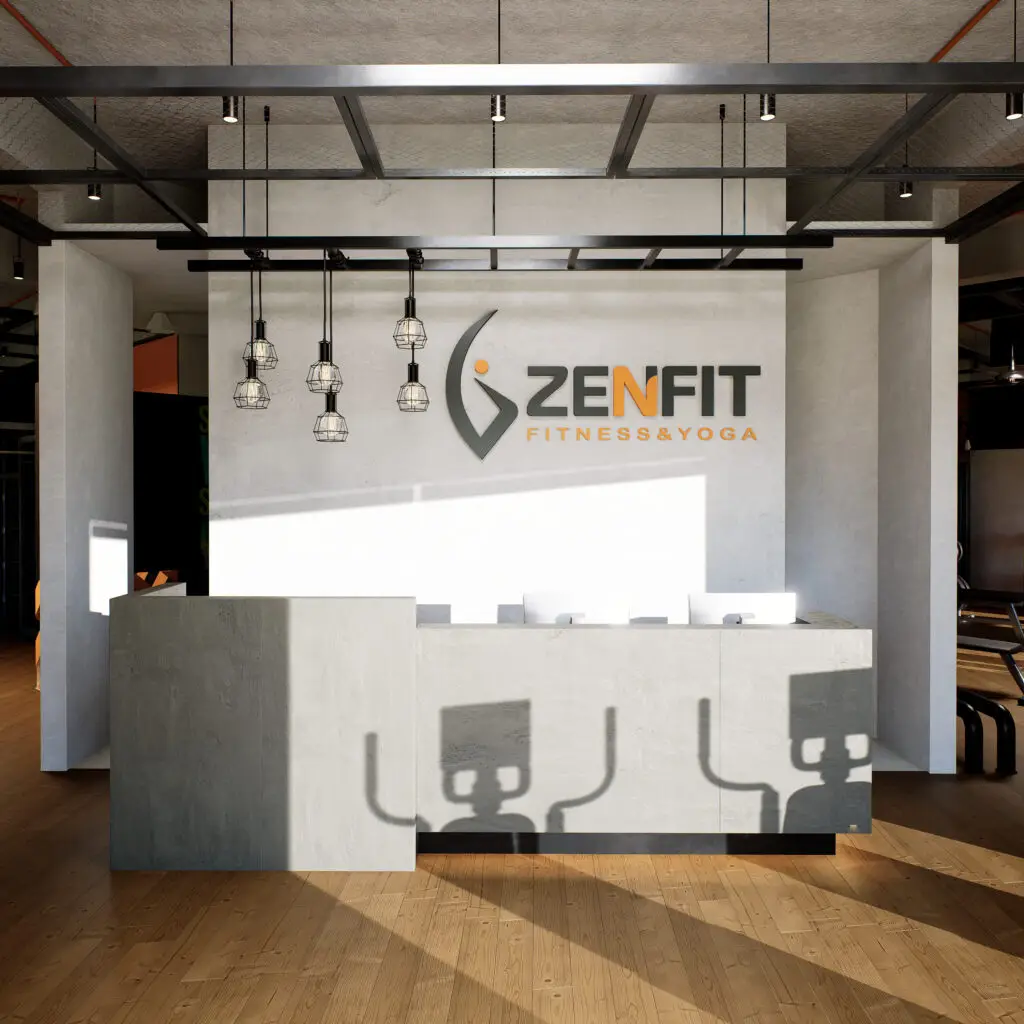 Render 3D de recepção de academia moderna com iluminação estratégica e design contemporâneo. Visualização arquitetônica realista para projetos fitness.