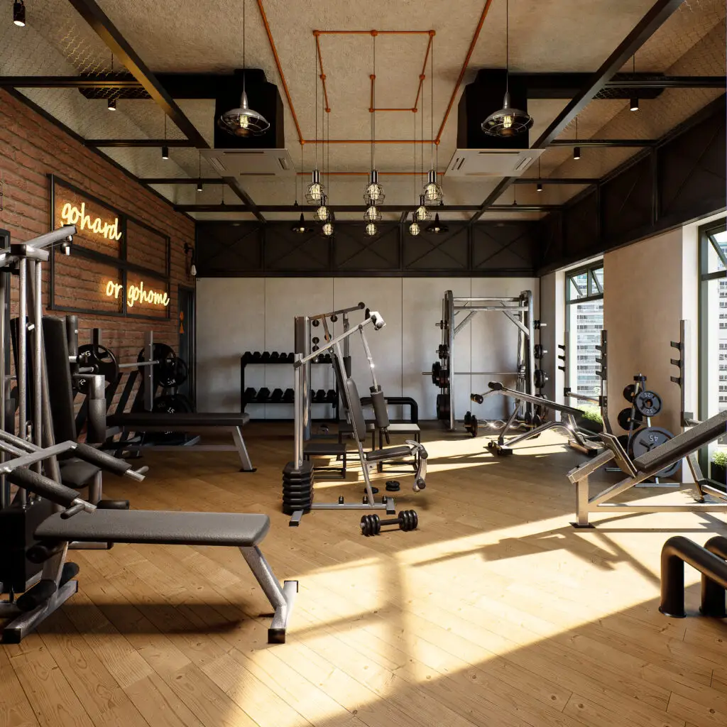 Render 3D de equipamentos de academia com alto nível de detalhamento e realismo. Visualização 3D profissional para projetos fitness e comerciais.