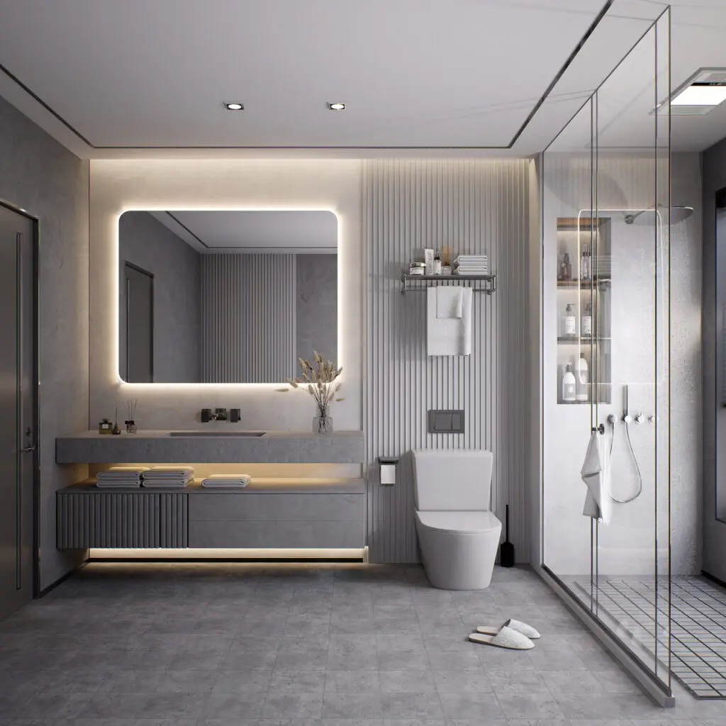 Render 3D de banheiro moderno em concreto polido com iluminação natural e design minimalista. Visualização arquitetônica realista para projetos sofisticados.